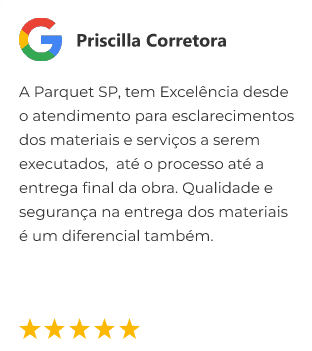 Avaliação do Cliente: A Parquet SP, tem Excelência desde o atendimento para esclarecimentos dos materiais e serviços a serem executados, até o processo até a entrega final da obra. Qualidade e segurança na entrega dos materiais é um diferencial também.